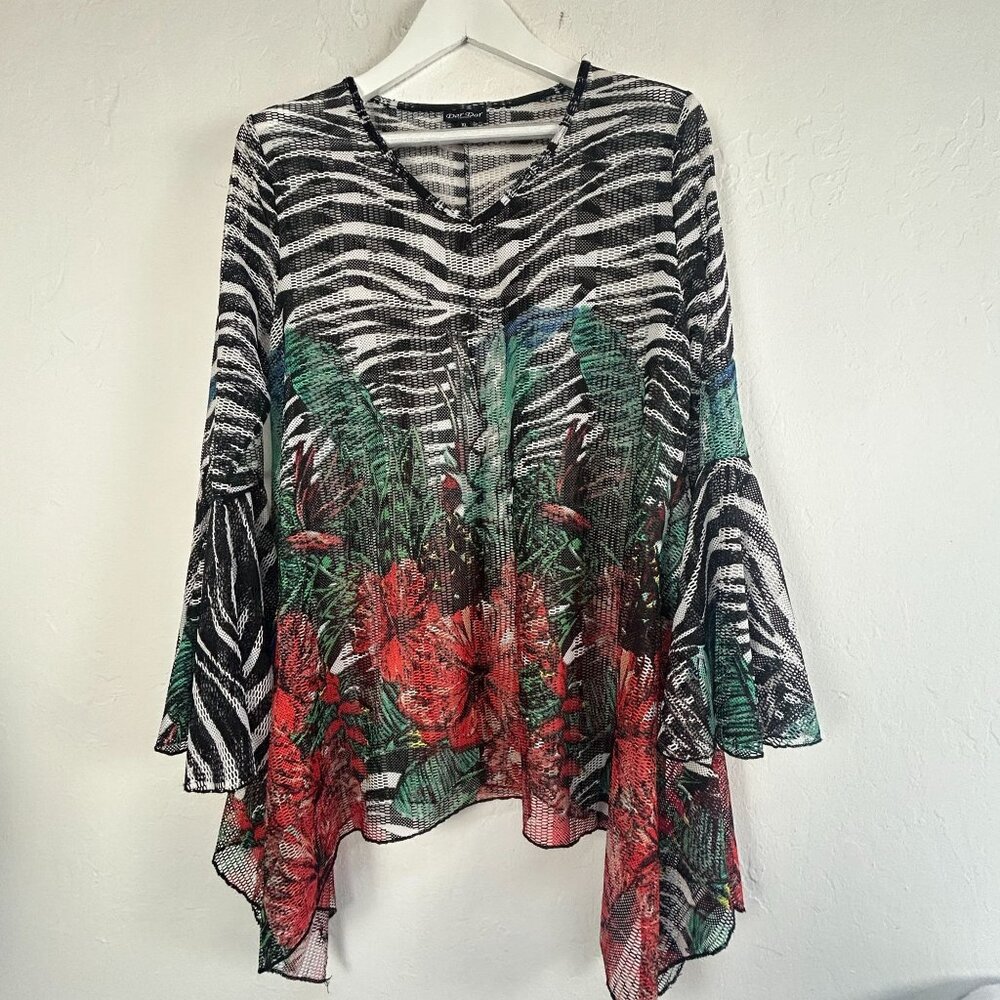 Dor Dor Couture Womens XL Zebra & Floral Print Mesh Cover Up Tunic Swim Top Boho